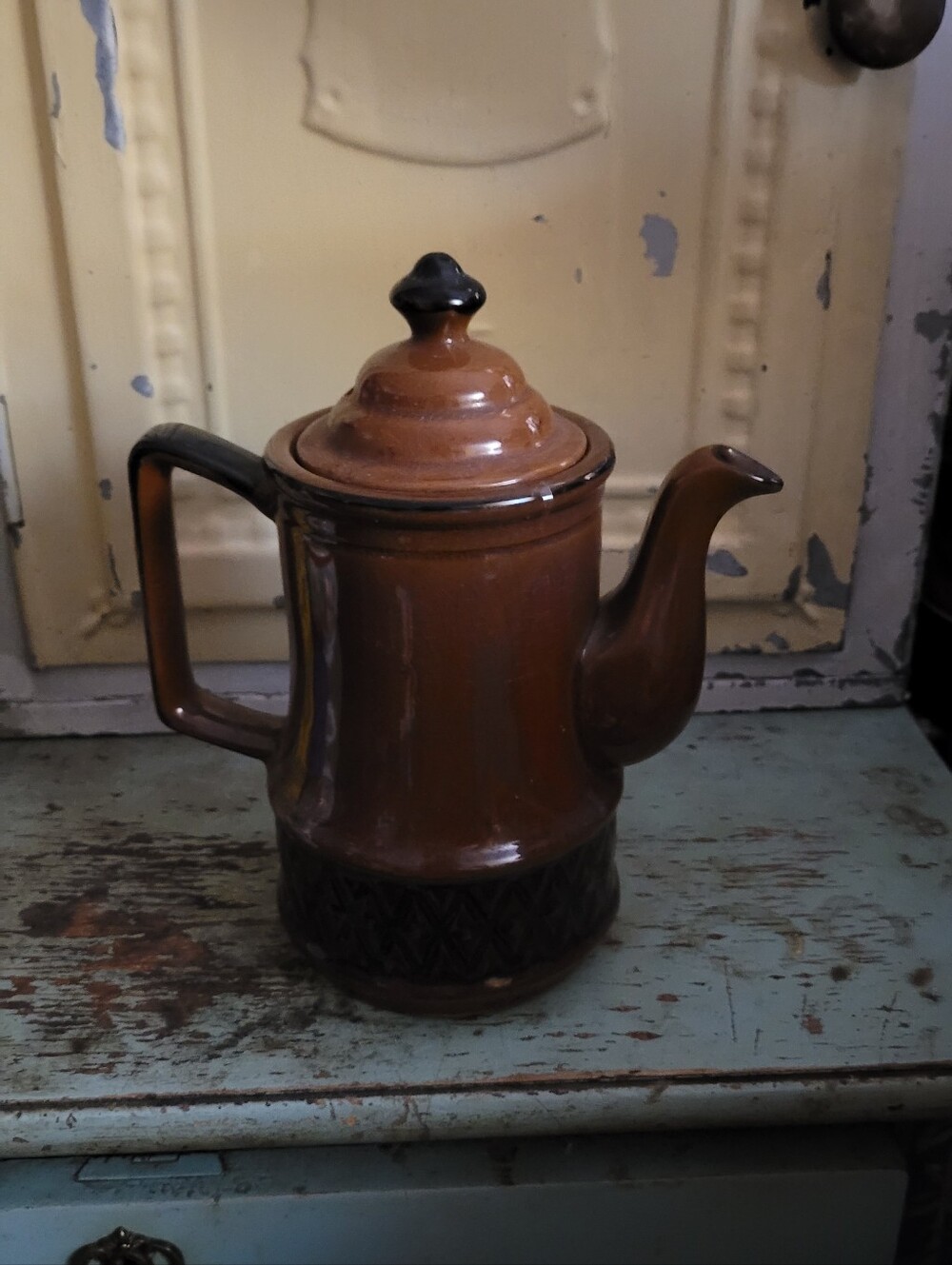 Vintage Brown Ceramic Coffee Pot with Dark Accents